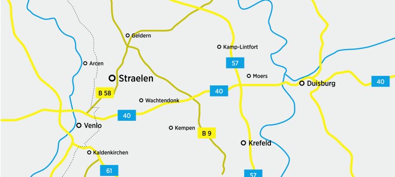 Der Kartenausschnitt zeigt die Anfahrtswege nach Straelen.